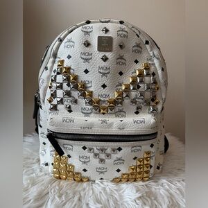 MCM Visetos White Backpack with gold and silver studs